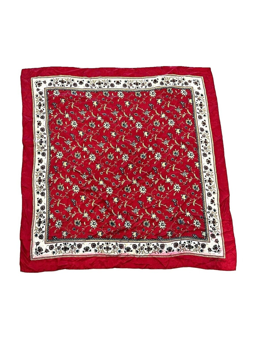 Vintage Ginnie Johansen Women’s Square Scarf Floral Pattern Red Ivory Blue